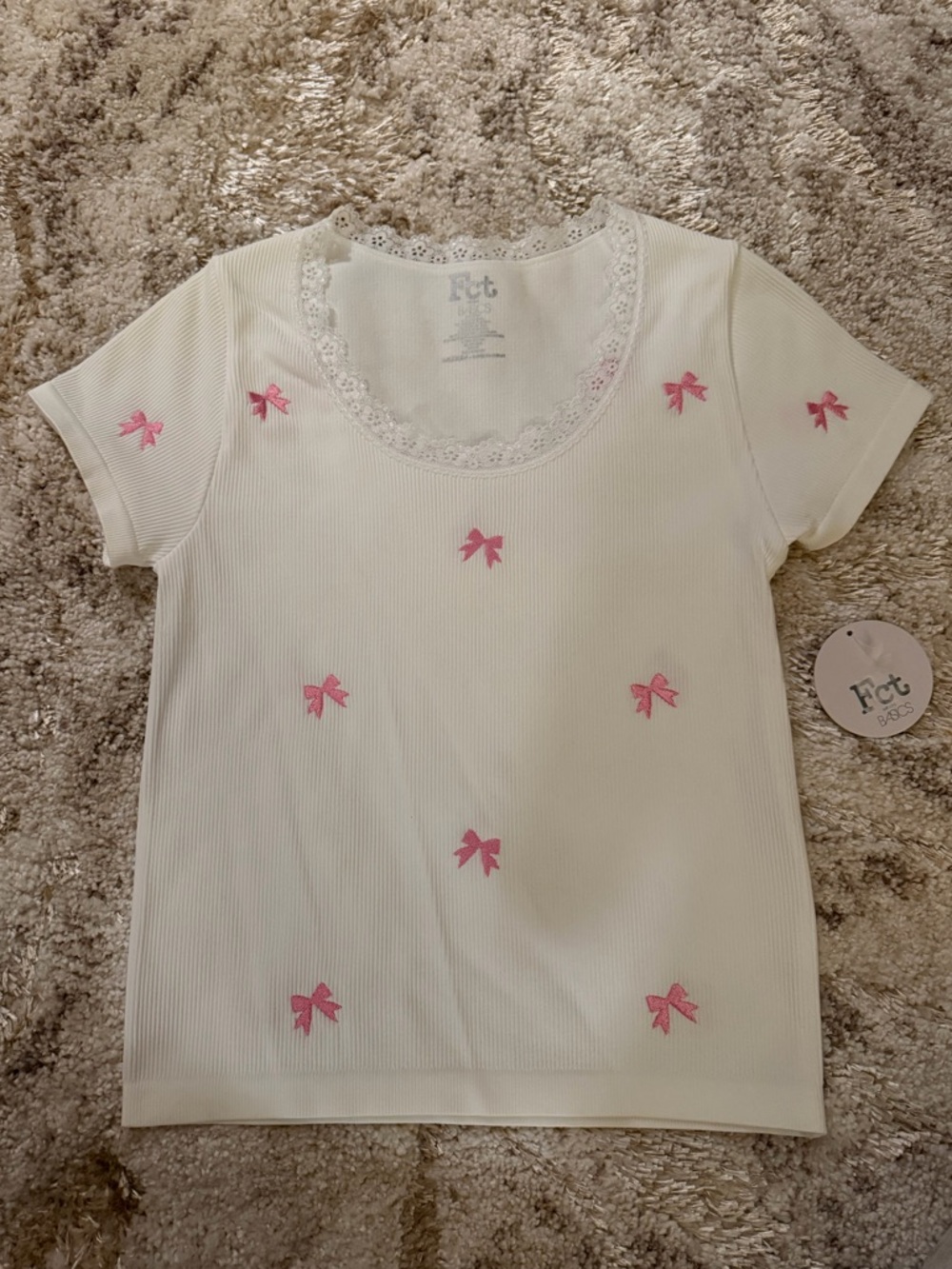 Fct Cream Ribbed Short Sleeve Top with Pink Bow Embroidery